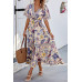Floral Print Lace Trim Cross Belt A Line Dress