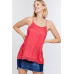 Boho Scallop Lace Trim Detailed Button Down Solid Subtle Textured Slit Side Overlay Layered Cami Top