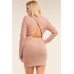 Plus Size Long Sleeve Ribbed Knit Sexy Cut Out Back Mini Dress