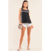 Grey And Black Sleeveless Relaxed Fit Brick Pattern Print Mesh Round Neck Top