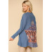 Waffle Knit And Woven Print Mixed Hi Low Flowy Tunic Top