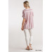 Horizontal And Vertical Striped Short Folded Sleeve Top With High Low Hem