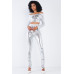 Metallic Small Scales Print Long Sleeve Off-the-shoulder Cropped Top And High Waist Slim Fit Legging Set