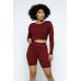 Knit Long Sleeve Cropped Top Knit High-waist Biker Shorts Set