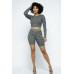 Knit Long Sleeve Cropped Top Knit High-waist Biker Shorts Set