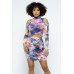 Tie Dye Open Shoulder Long Sleeve Top And Matching Skirt W Ruching Details