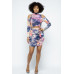 Tie Dye Open Shoulder Long Sleeve Top And Matching Skirt W Ruching Details