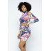 Tie Dye Open Shoulder Long Sleeve Top And Matching Skirt W Ruching Details