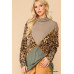 Solid And Animal Print Mixed Knit Turtleneck Top With Long Sleeves