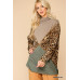 Solid And Animal Print Mixed Knit Turtleneck Top With Long Sleeves