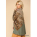 Solid And Animal Print Mixed Knit Turtleneck Top With Long Sleeves