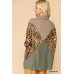 Solid And Animal Print Mixed Knit Turtleneck Top With Long Sleeves