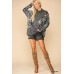 Solid And Animal Print Mixed Knit Turtleneck Top With Long Sleeves