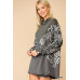 Solid And Animal Print Mixed Knit Turtleneck Top With Long Sleeves