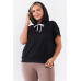 Black Short Wing Sleeve Relaxed Fit White Draw String Tie Hood Detail Top