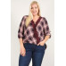 Plaid 3/4 Sleeve Top With Hi-lo Hem, V-neckline, And Relaxed Fit