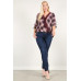 Plaid 3/4 Sleeve Top With Hi-lo Hem, V-neckline, And Relaxed Fit