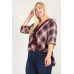 Plaid 3/4 Sleeve Top With Hi-lo Hem, V-neckline, And Relaxed Fit
