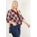 Plaid 3/4 Sleeve Top With Hi-lo Hem, V-neckline, And Relaxed Fit