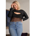 Plus Black Raw Hem Long Sleeve Crop Overtop & Beach Net Sheer Bodysuit Two-piece Set