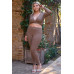 Plus Mocha Plunge Neck Long Sleeve Self-tie Back Or Front Waist Top & High-waisted Skinny Pants Set