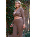 Plus Mocha Plunge Neck Long Sleeve Self-tie Back Or Front Waist Top & High-waisted Skinny Pants Set