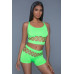 2 pc silk fishnet set that includes a tank crop top with criss-cross cami straps and a pair of high waisted booty shorts.