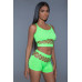 2 pc silk fishnet set that includes a tank crop top with criss-cross cami straps and a pair of high waisted booty shorts.