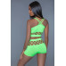 2 pc silk fishnet set that includes a tank crop top with criss-cross cami straps and a pair of high waisted booty shorts.