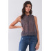 Purple & Multi Sleeveless Mock Neck Front Button Down Sheer Blouse Top