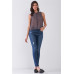 Purple & Multi Sleeveless Mock Neck Front Button Down Sheer Blouse Top