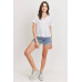 Waffle Raw Edge V-neck Rolled Up Short Sleeves Top