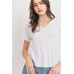 Waffle Raw Edge V-neck Rolled Up Short Sleeves Top