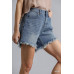 High Rise Denim Shorts With Raw Hem