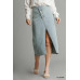 Asymmetrical Waist And Button Up Front Split Denim Skirt With Back Pockets And Unfinished Hem