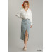 Asymmetrical Waist And Button Up Front Split Denim Skirt With Back Pockets And Unfinished Hem