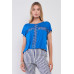 Royal Blue Boat Neck Short Sleeve See-trough Cross Cut-in Detail With Floral Embroidery Top
