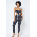 Mesh Print Crop Top With Plastic Chain Halter Neck With Matching Leggings