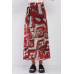 Red & Multi Vintage Graphic Print High-waisted Two Front Slits Maxi Skirt