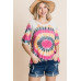 French Terry Tie Dye Printed Casual Mini Bubble Sleeves Tunic Top