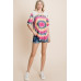French Terry Tie Dye Printed Casual Mini Bubble Sleeves Tunic Top