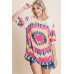 French Terry Tie Dye Printed Casual Mini Bubble Sleeves Tunic Top