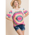 French Terry Tie Dye Printed Casual Mini Bubble Sleeves Tunic Top