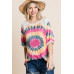 French Terry Tie Dye Printed Casual Mini Bubble Sleeves Tunic Top