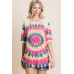 French Terry Tie Dye Printed Casual Mini Bubble Sleeves Tunic Top