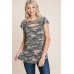 Army Camo Printed Cut Out Neckline Short Flutter Sleeves Casual Basic Top