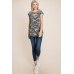 Army Camo Printed Cut Out Neckline Short Flutter Sleeves Casual Basic Top