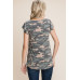 Army Camo Printed Cut Out Neckline Short Flutter Sleeves Casual Basic Top