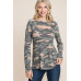 Army Camo Printed Cut Out Neckline Long Sleeves Casual Basic Top