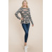 Army Camo Printed Cut Out Neckline Long Sleeves Casual Basic Top